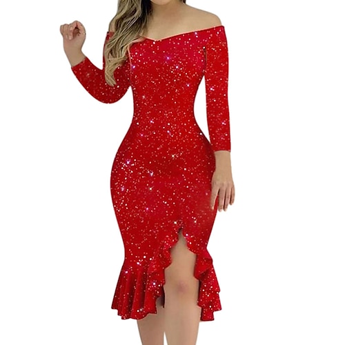 

Women's Christmas Party Dress Cocktail Dress Knee Length Dress Black Red Long Sleeve Pure Color Sequins Ruffle Fall Winter Off Shoulder Party Elegant Mature 2022 S M L XL XXL