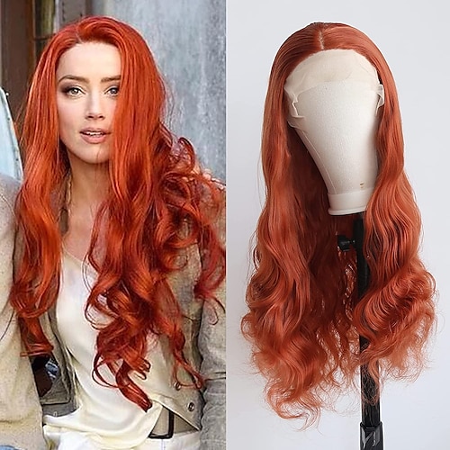 

Coral Red Wig Long Wavy Synthetic Lace Front Wigs for Women Copper Orange Middle Part Cosplay Mera Glueless High Temperature Fiber Hand Tied Natural Hairline Daily Wear Wig