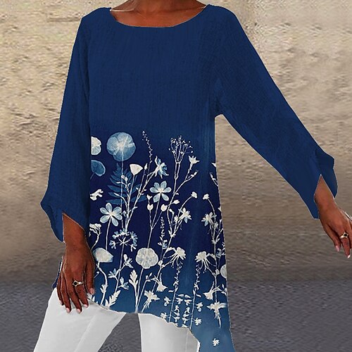 

Women's Shirt Navy Blue Floral Asymmetric Print Long Sleeve Holiday Weekend Streetwear Casual Round Neck Long Floral S / 3D Print