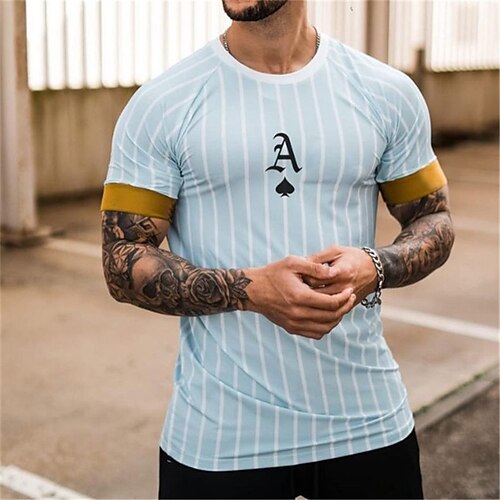 

Men's Unisex T shirt Tee Striped Graphic Prints Crew Neck Light Blue Short Sleeve 3D Print Outdoor Street Print Tops Sports Casual Classic Big and Tall / Summer / Summer