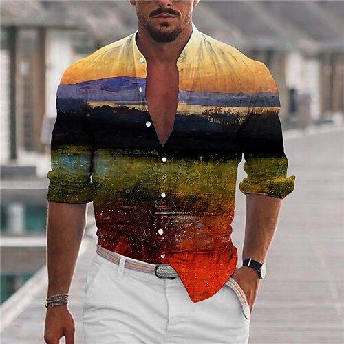 

Men's Shirt Graphic Shirt Scenery Stand Collar Yellow 3D Print Outdoor Street Long Sleeve Button-Down Print Clothing Apparel Fashion Designer Casual Breathable