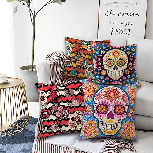 

El Día de los Muertos Double Side Cushion Cover 4PC Soft Decorative Square Cushion Case Pillowcase for Bedroom Livingroom Sofa Couch Chair Superior Quality Machine Washable Day of Dead