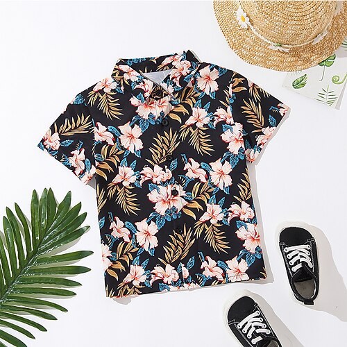

Kids Toddler Boys Shirt Short Sleeve Leaf Blue Children Tops Summer Fashion Cool Daily Loose Fit 3-6 Years