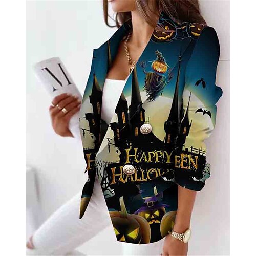 

Women's Blazer Breathable Office Work Halloween with Pockets Print Double Breasted Turndown Vintage Modern Office / career Halloween Letter Regular Fit Outerwear Long Sleeve Winter Fall Green Yellow