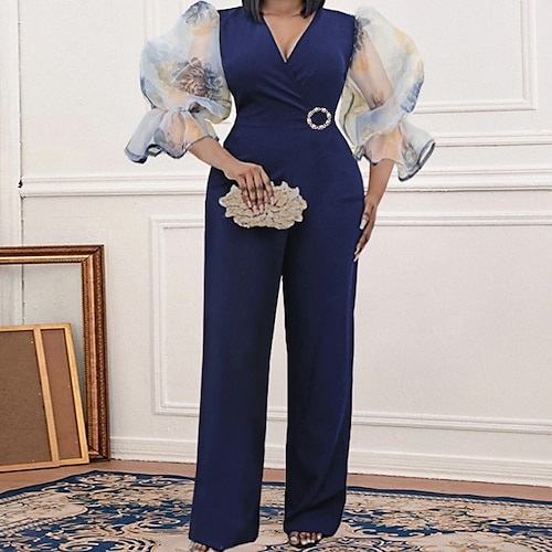 

Women's Plus Size Jumpsuit Patchwork Color Block Streetwear Party Vacation Natural Full Length Fall Winter Dark Blue L XL XXL 3XL 4XL