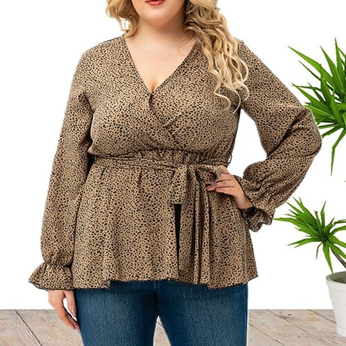 

Women's Plus Size Tops Blouse Shirt Leopard Print Long Sleeve V Neck Streetwear Casual Daily Vacation Polyester Fall Winter Coffee