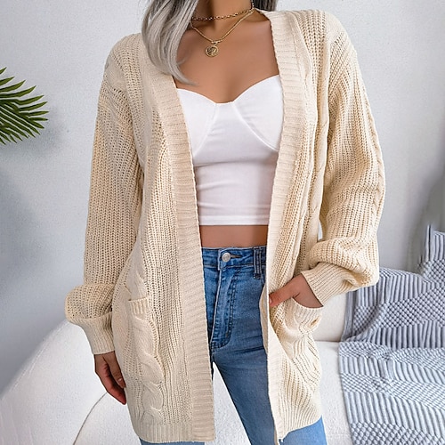 

Women's Cardigan Sweater Jumper Cable Knit Pocket Knitted Pure Color Cowl Stylish Casual Outdoor Daily Winter Fall Blue Army Green S M L / Long Sleeve / Holiday / Regular Fit / Going out