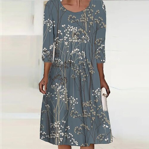 

Women's Casual Dress Shift Dress Midi Dress Blue Navy Blue Long Sleeve Floral Print Winter Fall Autumn Crew Neck Winter Dress Fall Dress 2022 S M L XL 2XL 3XL 4XL 5XL 6XL