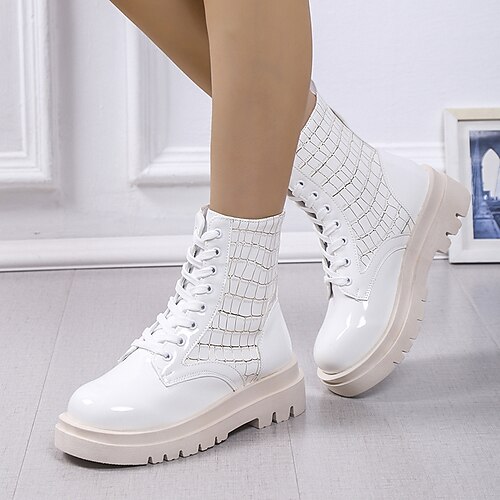 

Women's Boots Daily Combat Boots Booties Ankle Boots Winter Lace-up Platform Round Toe Classic Walking Shoes PU Leather Lace-up Geometric Black White
