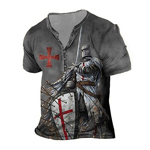 

Men's Henley Shirt T shirt Tee Tee Graphic Templar Cross Human Henley Blue Army Green Brown Gray 3D Print Plus Size Outdoor Daily Short Sleeve Button-Down Print Clothing Apparel Basic Designer Casual