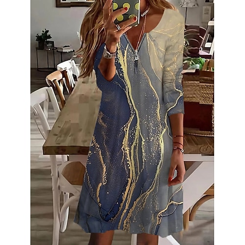 

Robe Longueur Genou Femme Robe casual manche longue Hiver Automne - à la mode Casual Zippé Imprimer Imprime Col V robe hiver Fin de semaine robe automne 2023 Blanche Gris S M L XL 2XL 3XL 4XL 5XL 6XL