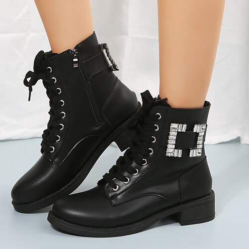 

Women's Boots Daily Combat Boots Plus Size Booties Ankle Boots Winter Chunky Heel Round Toe Casual PU Leather Lace-up Black