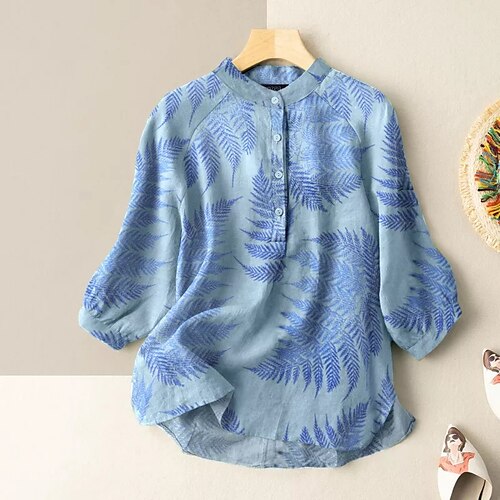 

Women's Blouse Shirt Blue Pink Black Leaves Button Print 3/4 Length Sleeve Holiday Weekend Streetwear Casual Standing Collar Regular Floral S / 3D Print