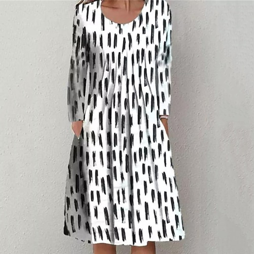 

Women's Casual Dress Shift Dress Midi Dress White Long Sleeve Geometric Pocket Winter Fall Autumn Winter Dress Fall Dress Loose Fit 2022 S M L XL XXL 3XL