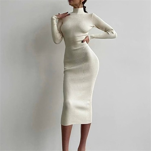 

Women's Sweater Dress Winter Dress Midi Dress White Long Sleeve Pure Color Knit Winter Fall Turtleneck Sexy Mature 2022 S M L Sheath Dress White Dress