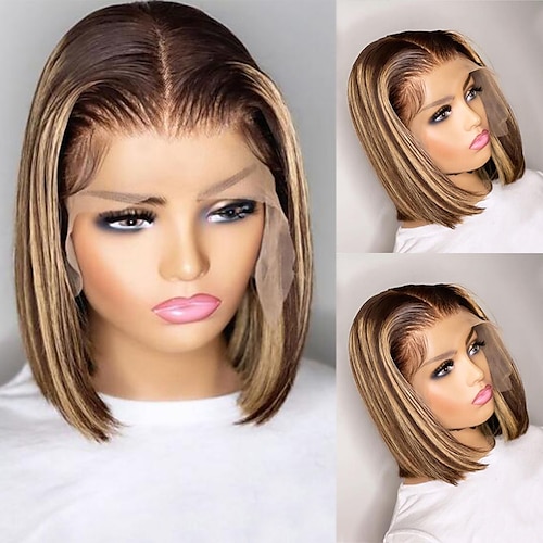 

Remy Human Hair 13x4 Lace Front Wig Bob Short Bob Brazilian Hair Straight Multi-color Wig 130% 150% Density with Baby Hair Highlighted / Balayage Hair Natural Hairline 100% Virgin Pre-Plucked For