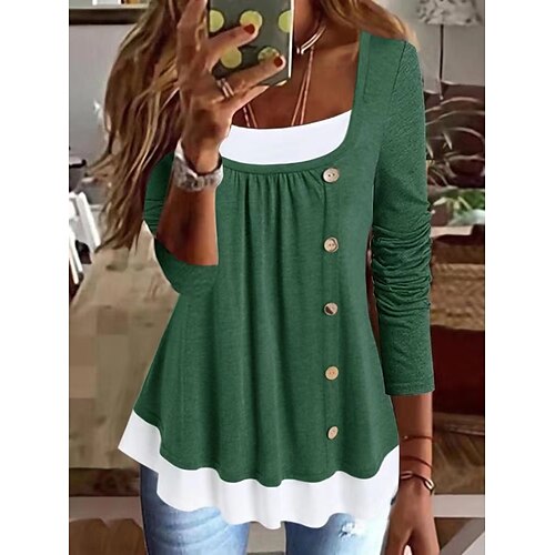 

Women's Blouse Plain Casual Daily Blouse Long Sleeve Pleated Patchwork U Neck Basic Vintage Green Purple Khaki S