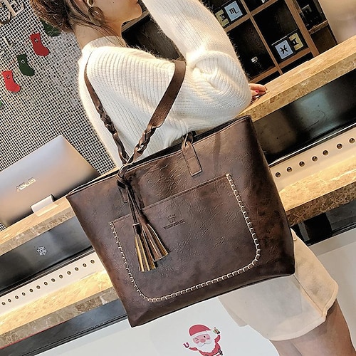 

Women's Tote PU Leather Solid Color Daily Date Going out dark brown Wine Red Black Light Brown