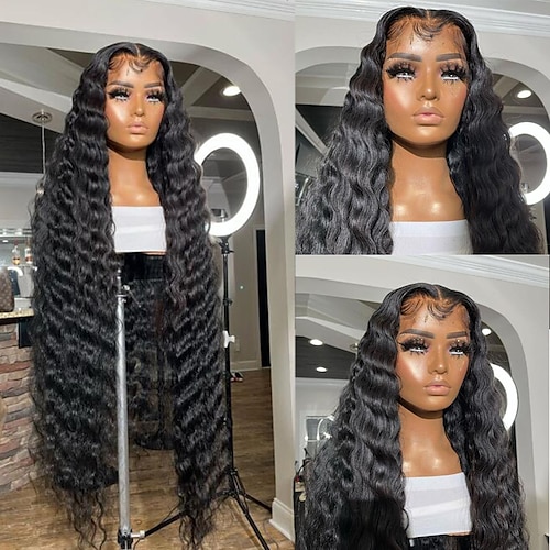 

Remy Human Hair 13x4 Lace Front Wig Free Part Brazilian Hair Deep Wave Black Wig 130% 150% Density with Baby Hair Natural Hairline 100% Virgin With Bleached Knots Pre-Plucked For Women wigs for black