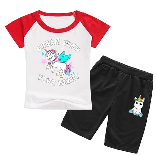 

2 Pieces Kids Girls' T-shirt & Shorts Clothing Set Outfit Animal Letter Unicorn Short Sleeve Crewneck Set Outdoor Active Fashion Cute Spring Summer 3-13 Years Black Blue Yellow