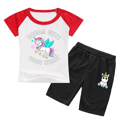 

2 Pieces Kids Girls' T-shirt & Shorts Clothing Set Outfit Animal Letter Unicorn Short Sleeve Crewneck Set Outdoor Active Fashion Cute Spring Summer 3-13 Years Black Blue Yellow