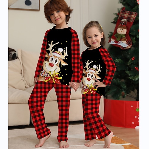 

Family Look Christmas Pajamas Plaid Deer Home Black Long Sleeve Daily Matching Outfits