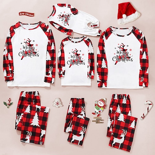 

Christmas Pajamas Family Set Ugly Plaid Letter Deer Daily White Long Sleeve Mom Dad and Me Daily Matching Outfits Spring Fall Casual