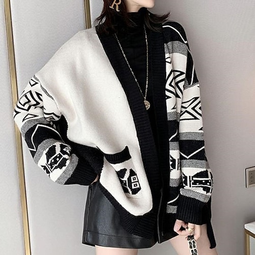 

Women's Cardigan Sweater Jumper Crochet Knit Knitted Geometric Open Front Stylish Casual Outdoor Daily Winter Fall Black One-Size / Long Sleeve / Holiday / Regular Fit / Going out