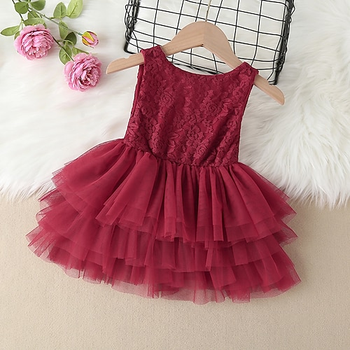 

Toddler Girls' Dress Plain Wedding Mesh Patchwork Wine Knee-length Sleeveless Dresses Spring Summer Regular Fit 1 PC 2-6 Years