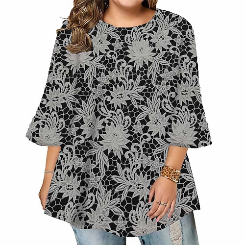 

Women's Plus Size Tops Blouse Shirt Floral Print 3/4 Length Sleeve Crewneck Casual Daily Holiday Cotton Spandex Jersey Fall Winter Black Gray