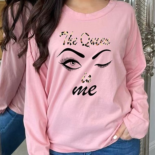 

Women's T shirt Tee Blue Pink Light Green Graphic Portrait Print Long Sleeve Daily Basic Round Neck Regular Cotton S