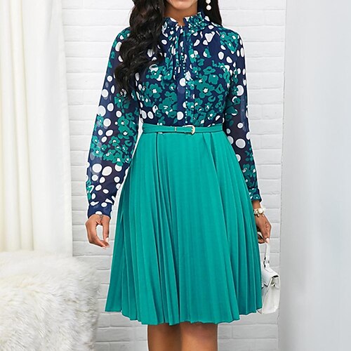 

Women's Swing Dress Knee Length Dress Knee Length Dress Green Wine Gray Long Sleeve Floral Pleated Print Fall Winter Stand Collar Elegant Mature 2022 S M L XL XXL 3XL 4XL 5XL