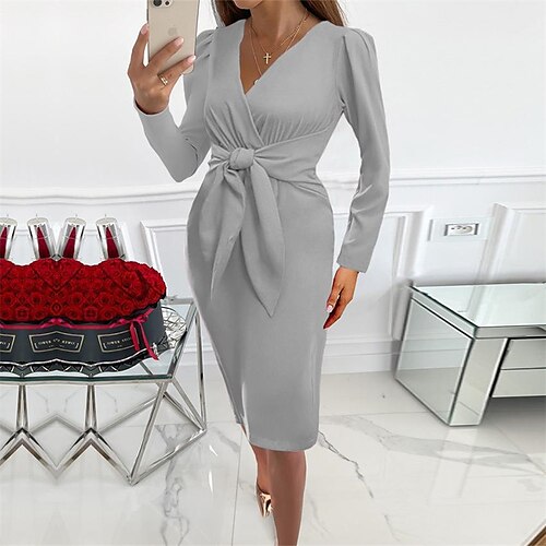 

Women's Bodycon Sheath Dress Knee Length Dress Blue Fuchsia Red Gray Black Long Sleeve Solid Color Lace up Ruched Fall Winter V Neck Stylish Modern Mature 2022 S M L XL XXL 3XL