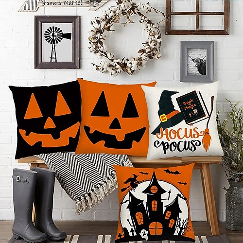 

Halloween Double Side Cushion Cover 4PC Soft Decorative Square Throw Pillow Cover Cushion Case Pillowcase for Bedroom Livingroom Superior Quality Machine Washable Indoor Cushion for Sofa Couch Bed Chair Castle Witch Pumpkin
