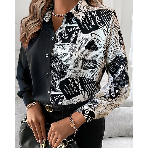 

Women's Blouse Shirt Black Letter Patchwork Print Long Sleeve Casual Daily Elegant Shirt Collar S