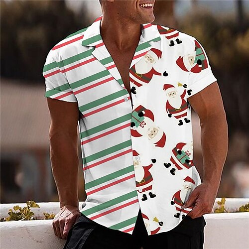 

Men's Shirt Santa Claus Striped Turndown White 3D Print Christmas Street Short Sleeve Button-Down Print Clothing Apparel Fashion Designer Casual Breathable / Summer / Spring / Summer
