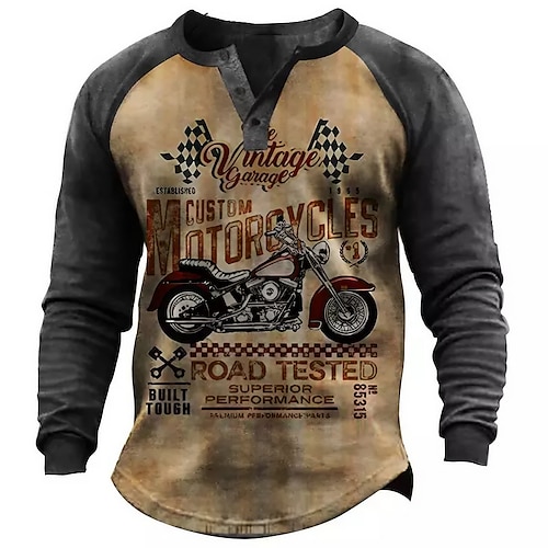 

Men's T shirt Tee Henley Shirt Tee Graphic Color Block Motorcycle Henley Brown 3D Print Plus Size Outdoor Daily Long Sleeve Patchwork Button-Down Clothing Apparel Basic Designer Casual Classic