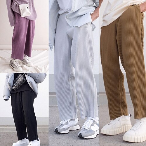 

Men's Trousers Casual Pants Drawstring Elastic Waist Pleats Solid Color Comfort Breathable Casual Daily Streetwear Corduroy Sports Fashion Loose Fit Black Purple Micro-elastic / Elasticity