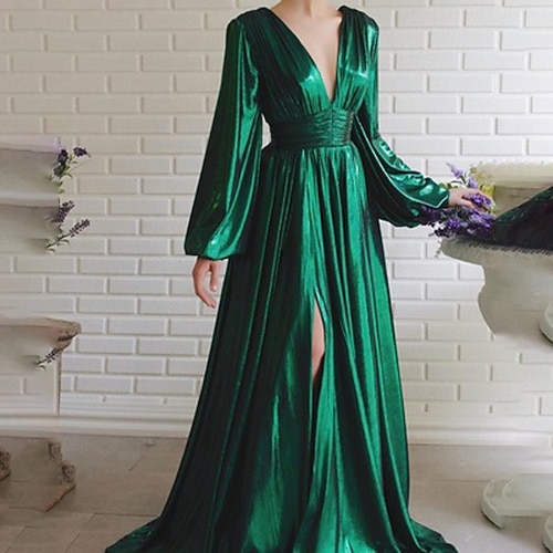 

vestido de festa formal feminino vestido de convidado de casamento vestido verde esmeralda vestido longo maxi vestido verde preto prata manga longa cor pura split inverno outono outono vestido de