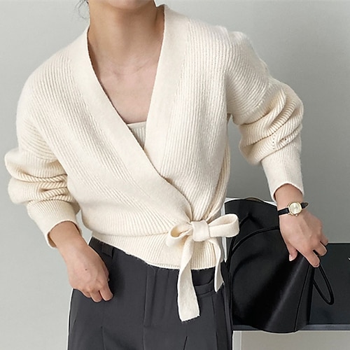 

Women's Cardigan Sweater Jumper Ribbed Knit Knitted Pure Color V Neck Stylish Casual Outdoor Home Fall Winter Yellow Beige One-Size / Long Sleeve