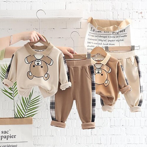 

2 Stück kinderkleidung Jungen Kapuzenpulli Hose Kleidungsset Outfit Plaid Bär Langarm Baumwolle Set Urlaub Casual Winter Herbst 1-5 Jahre Braun Beige