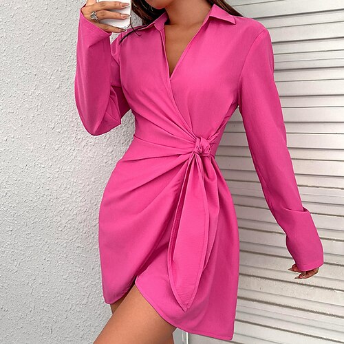 

Robe chemise femme une ligne robe courte mini robe rose à manches longues couleur pure froncé automne hiver col en v décontracté 2022 l