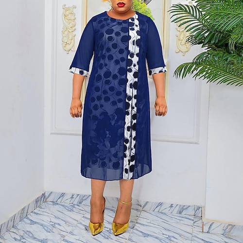 

Women's Plus Size Work Dress Polka Dot Crew Neck 3/4 Length Sleeve Fall Winter Work Formal Midi Dress Formal Work Dress