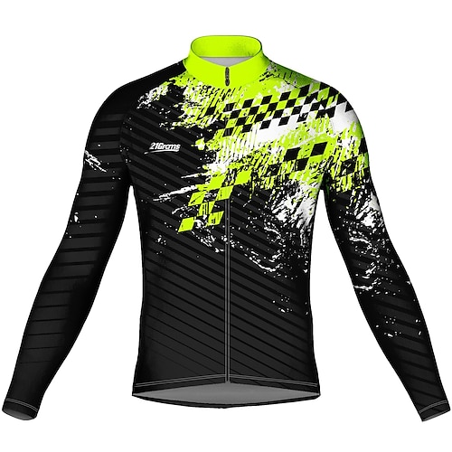 

21Grams Men's Cycling Jersey Long Sleeve Bike Jersey Top with 3 Rear Pockets Mountain Bike MTB Road Bike Cycling Breathable Quick Dry Moisture Wicking Reflective Strips Black Plaid Checkered Stripes