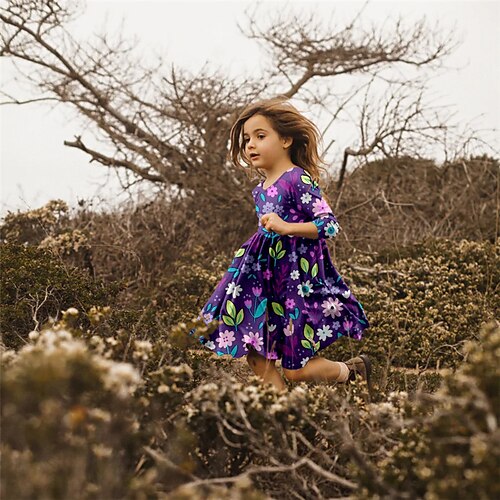 

Kids Girls' Dress Floral Swing Dress Above Knee Dress Daily Print Long Sleeve Cute Dress 3-10 Years Winter Purple