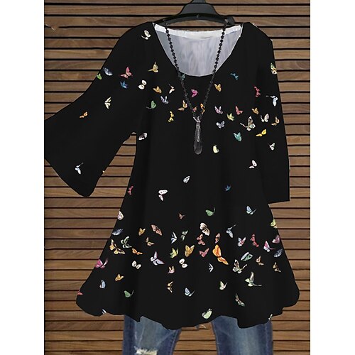

Women's Plus Size Tops Blouse Shirt Animal Butterfly Print 3/4 Length Sleeve Crewneck Casual Daily Holiday Cotton Spandex Jersey Fall Winter Black