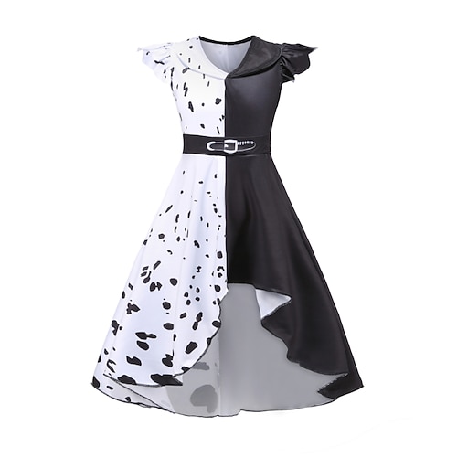 Kids Girls' 101 Dalmatians Cruella De Vil Dress Sets 2pcs Polka Dot Performance Halloween Black Asymmetrical Sleeveless Costume Dresses 3-12 Years
