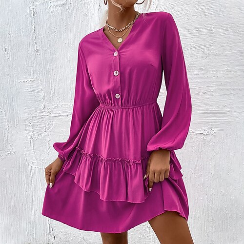 

Women's Casual Dress A Line Dress Knee Length Dress Rose Red Long Sleeve Pure Color Ruffle Button Fall Winter V Neck Stylish Casual Lantern Sleeve 2022 S M L XL