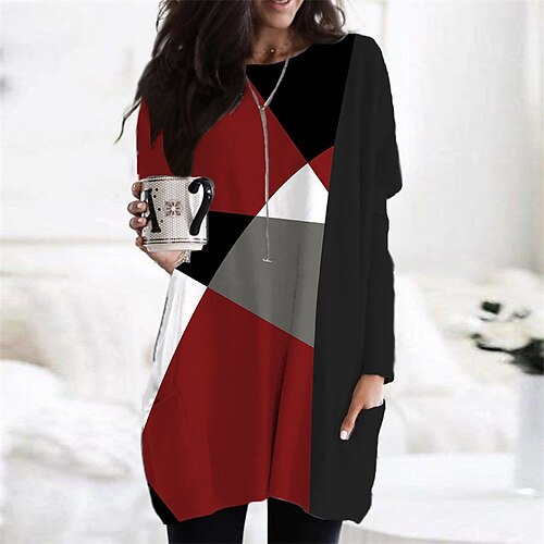 

Women's Casual Dress Short Mini Dress Short Mini Dress Red Long Sleeve Geometric Pocket Fall Winter Round Neck Casual 2022 XS S M L XL XXL 3XL 4XL 5XL 6XL
