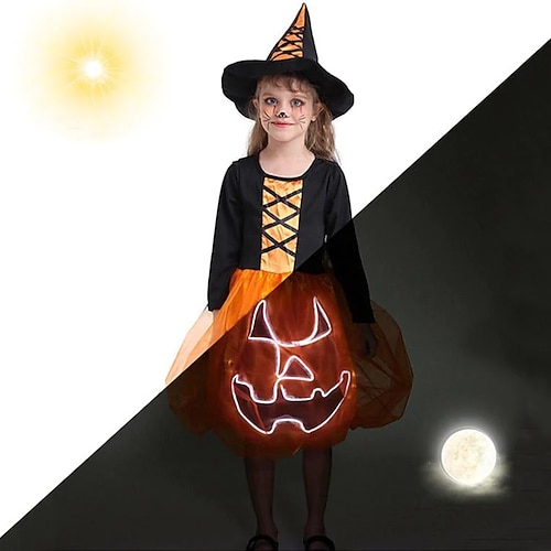 

Kids Girls' Luminous Pumpkin Witch Halloween Costume Dress Performance Midi Long Sleeve Dresses Regular Fit 1-5 Years